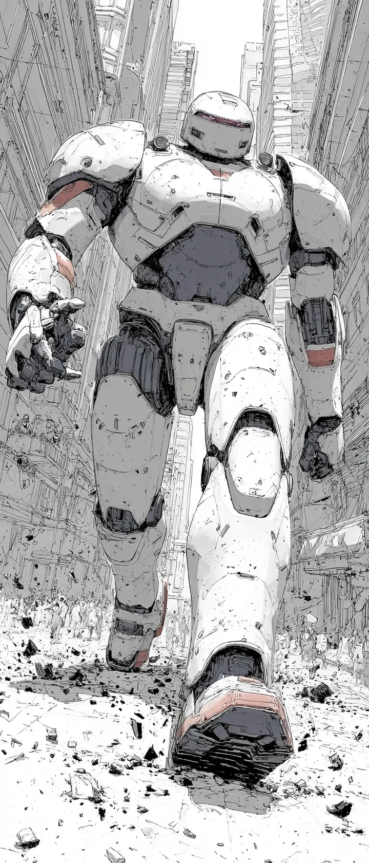 Gigantischer Anime-Mecha schreitet durch futuristische Stadtruinen
