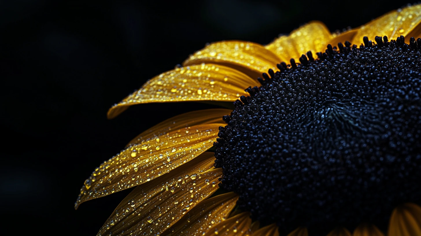 Primo piano di petalo scuro di girasole in ombra profonda