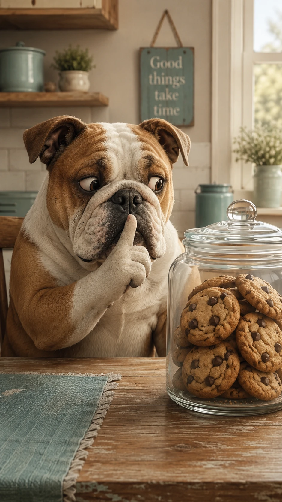 Bulldogge am Küchentisch, die ein Keks‑Glas mit Leckereien beäugt