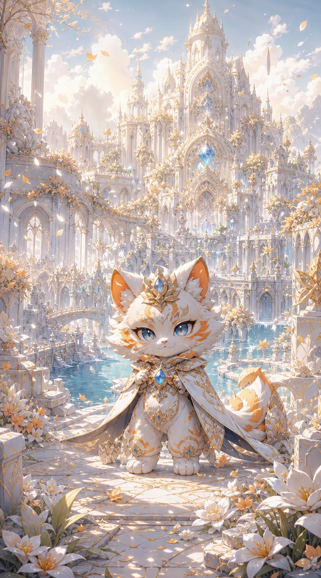 Chat de fantaisie anthropomorphe dans un jardin de palais blanc
