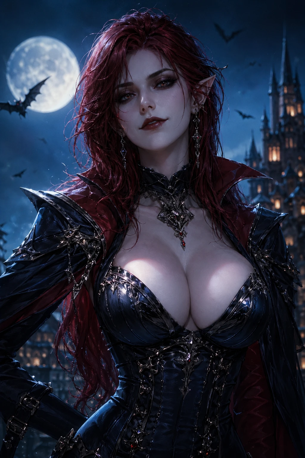 Vampire sûre d’elle devant un château lointain au crépuscule