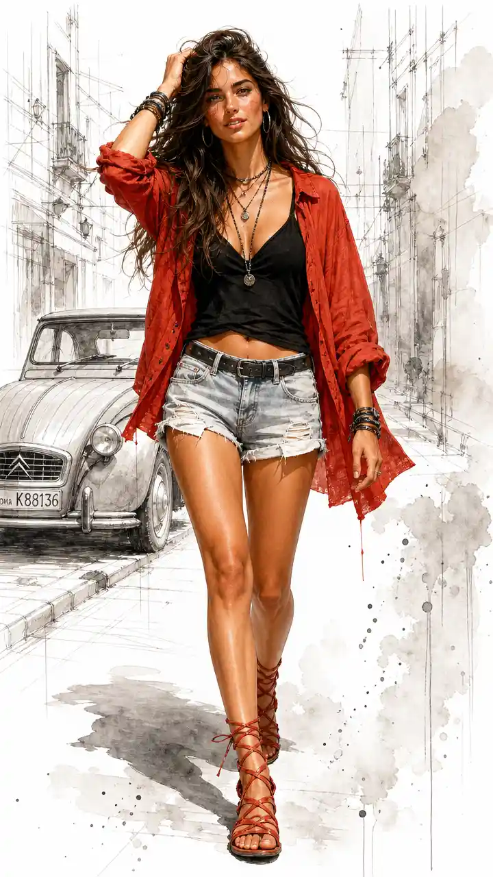 Confident Italian woman in red shirt fashion illustration