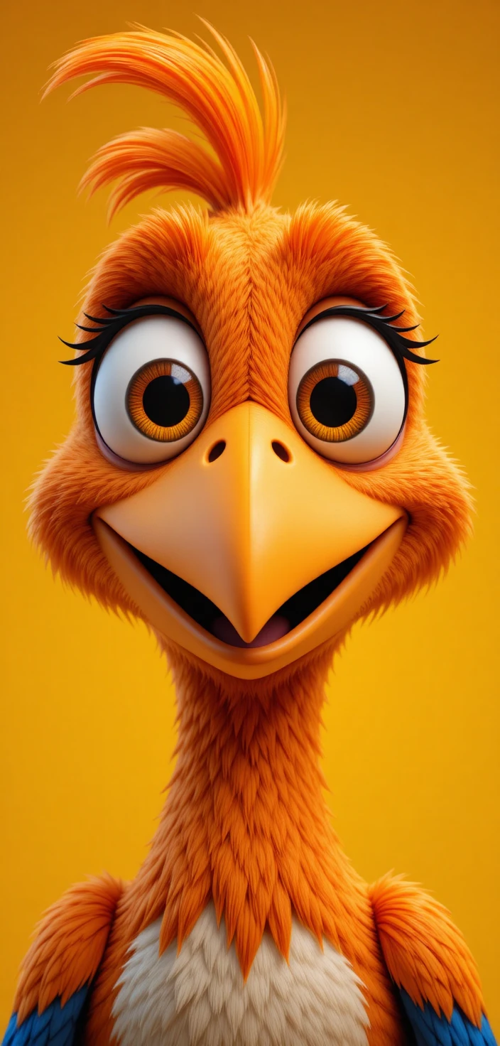 Nahaufnahme eines 3D-Cartoonvogels mit leuchtend orangefarbenem Gefieder
