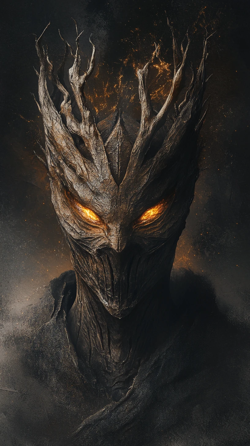 Eroded horned mask with glowing amber skeletal eyes