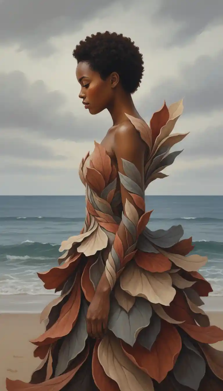 Mujer surrealista con vestido de pétalos de pie en silencio en la playa