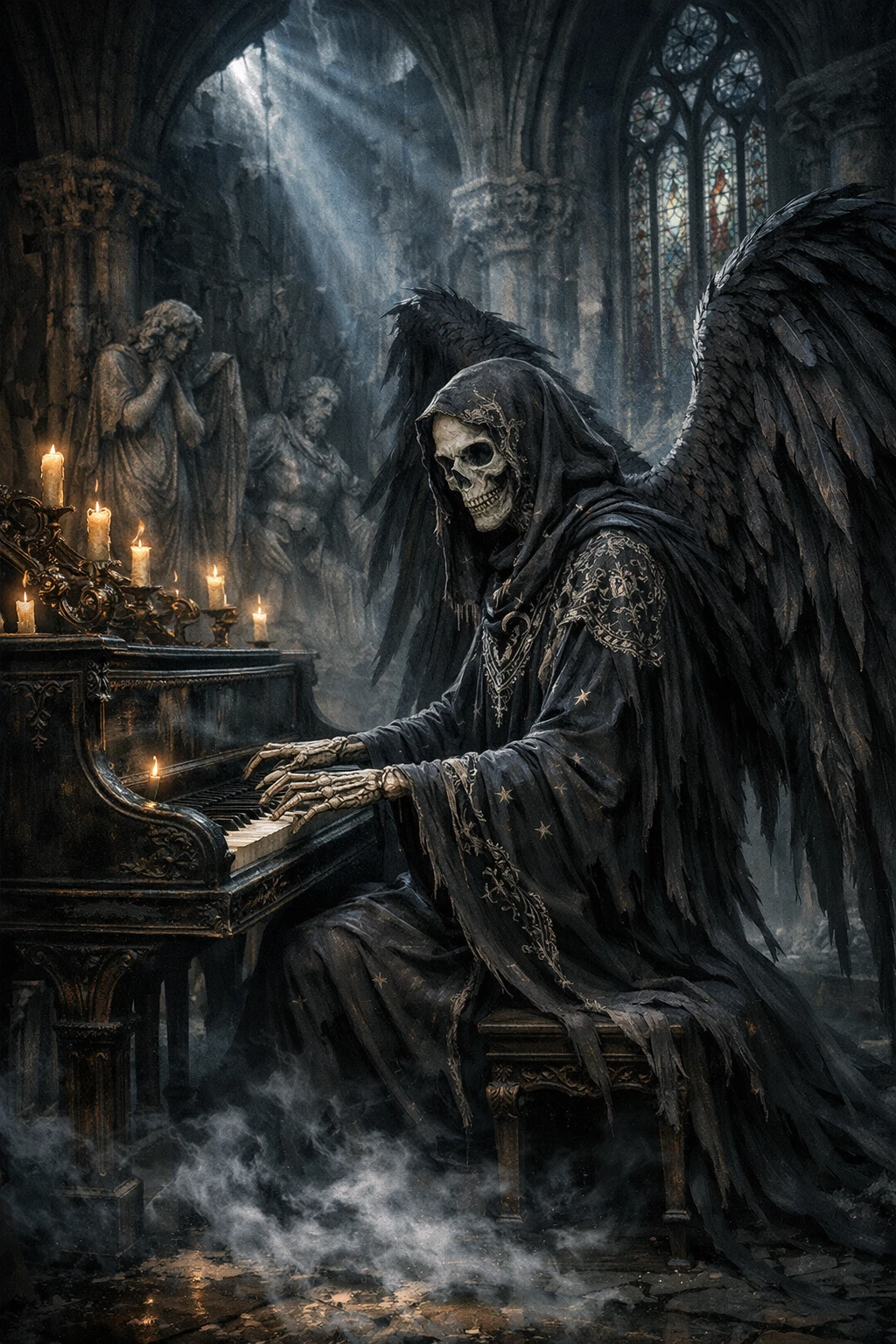고딕 대성당에서 피아노를 연주하는 해골 천사