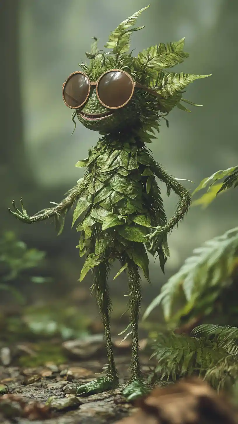 Cartoon-Farn mit Sonnenbrille, der selbstbewusst mit Gliedmaßen lächelt