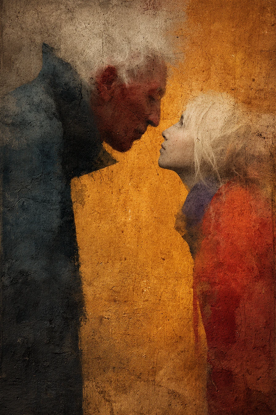 Pintura surreal de um casal sonhador à luz morna do sol