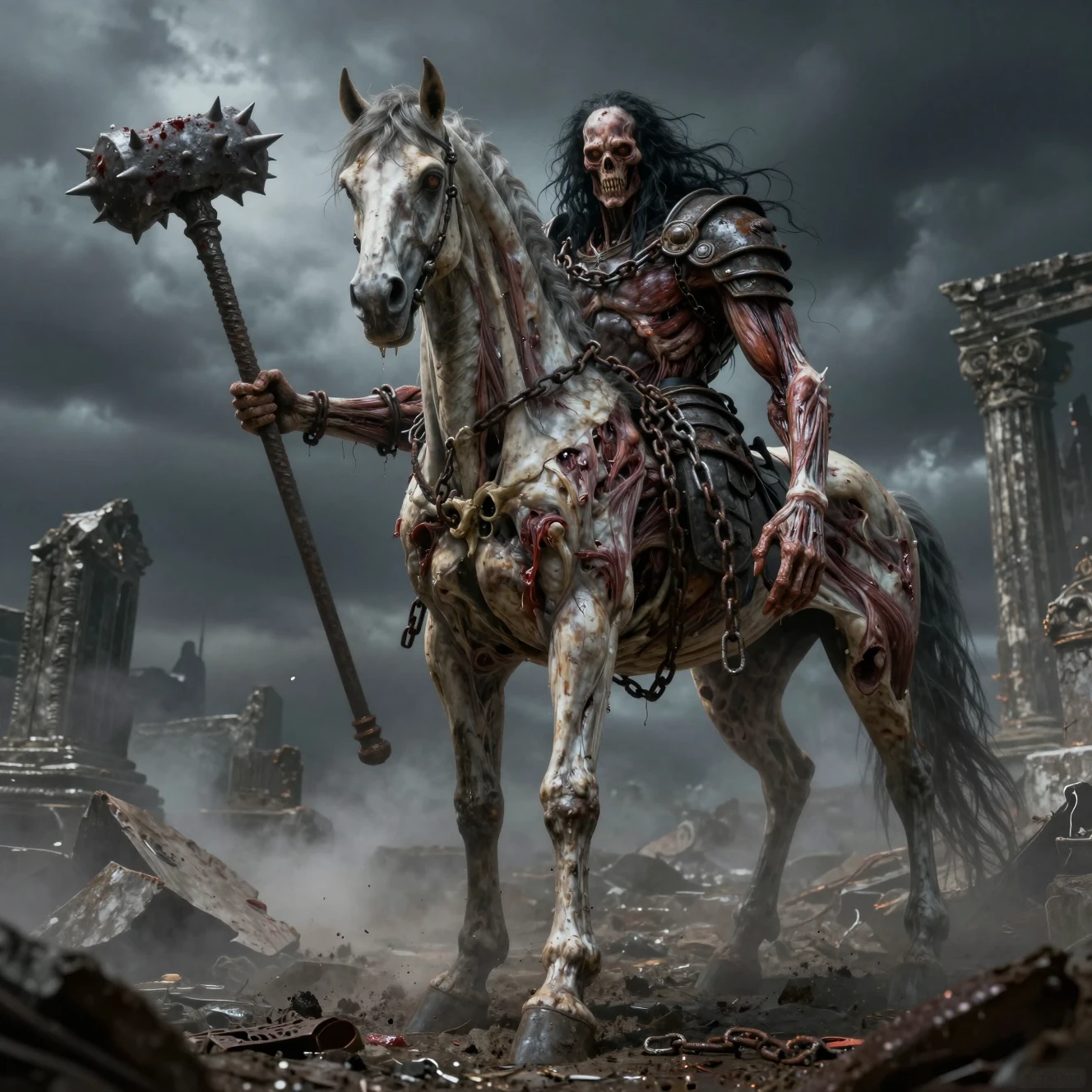 Rotting undead centaur looming in ancient shattered ruins