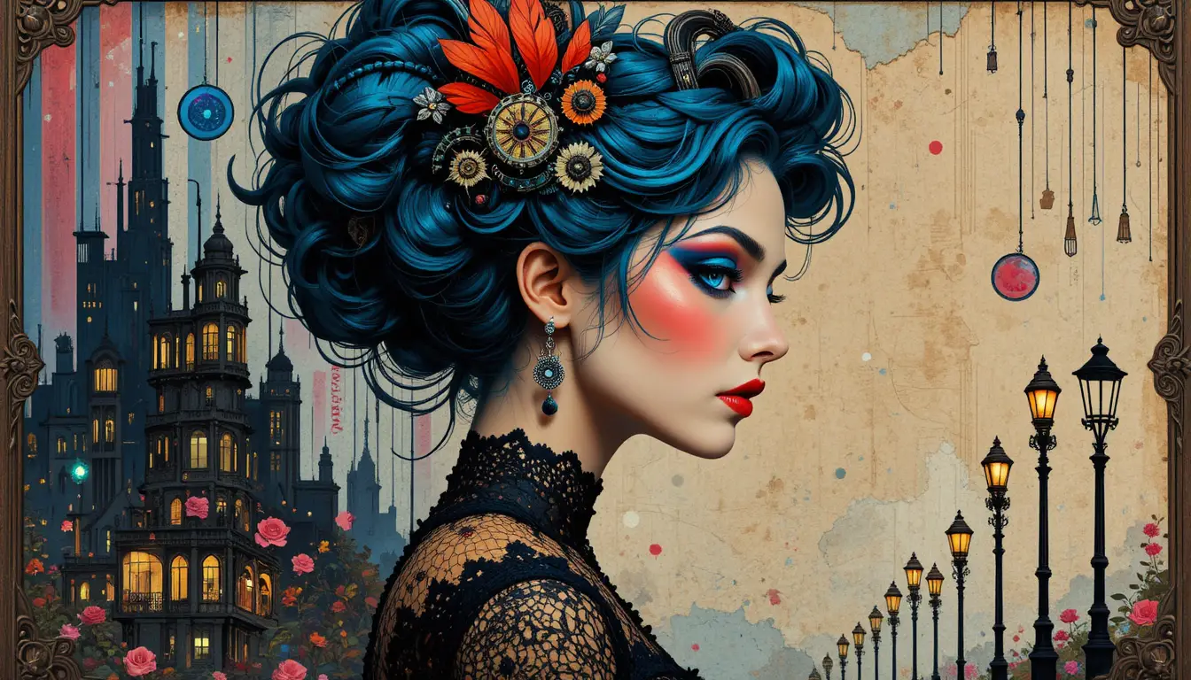 Steampunk-Frau mit türkisfarbenem Haar in kunstvoller mechanischer Spitzen-Portraitaufnahme