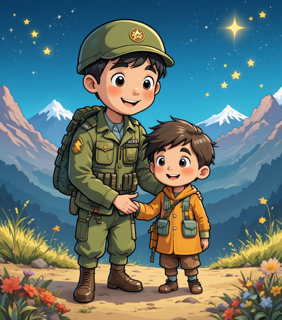 Soldado em desenho animado ajudando gentilmente uma criança perdida nas montanhas