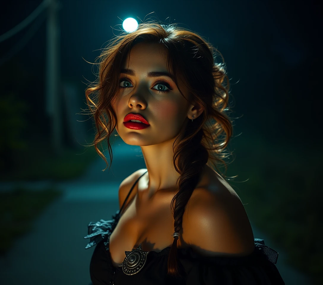 Mulher solitária à noite em uma cena sombria e surreal de quadrinhos