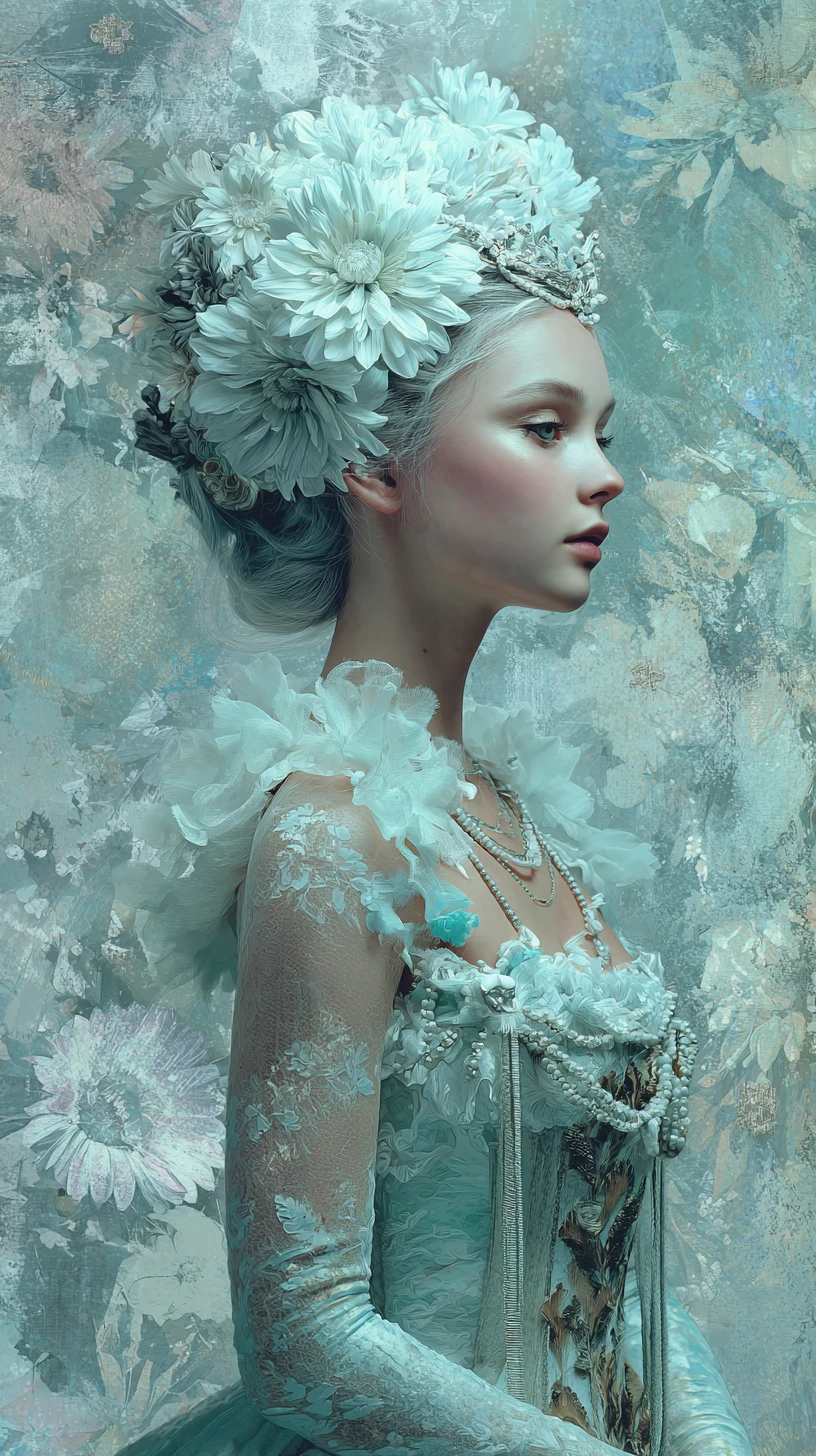Pearl princess in pastel floral gown with lace sleeves
