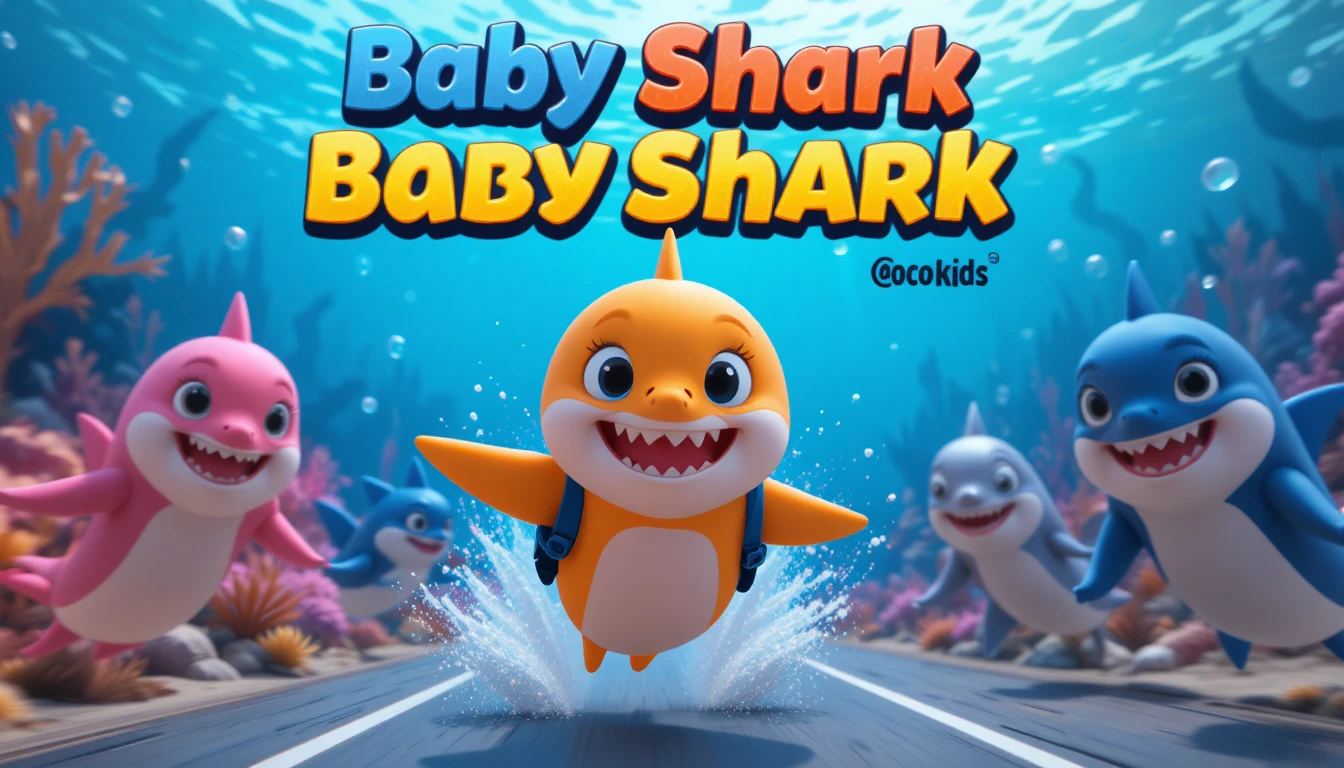 Adorable bébé requin en course sous‑marine avec sa famille qui l'encourage