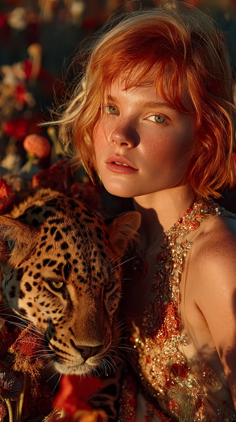 Mulher ruiva com jaguar em um campo de flores