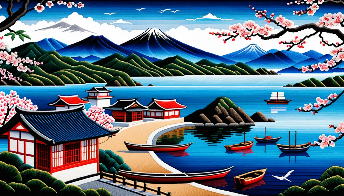 Village côtier japonais brodé surplombant une baie paisible