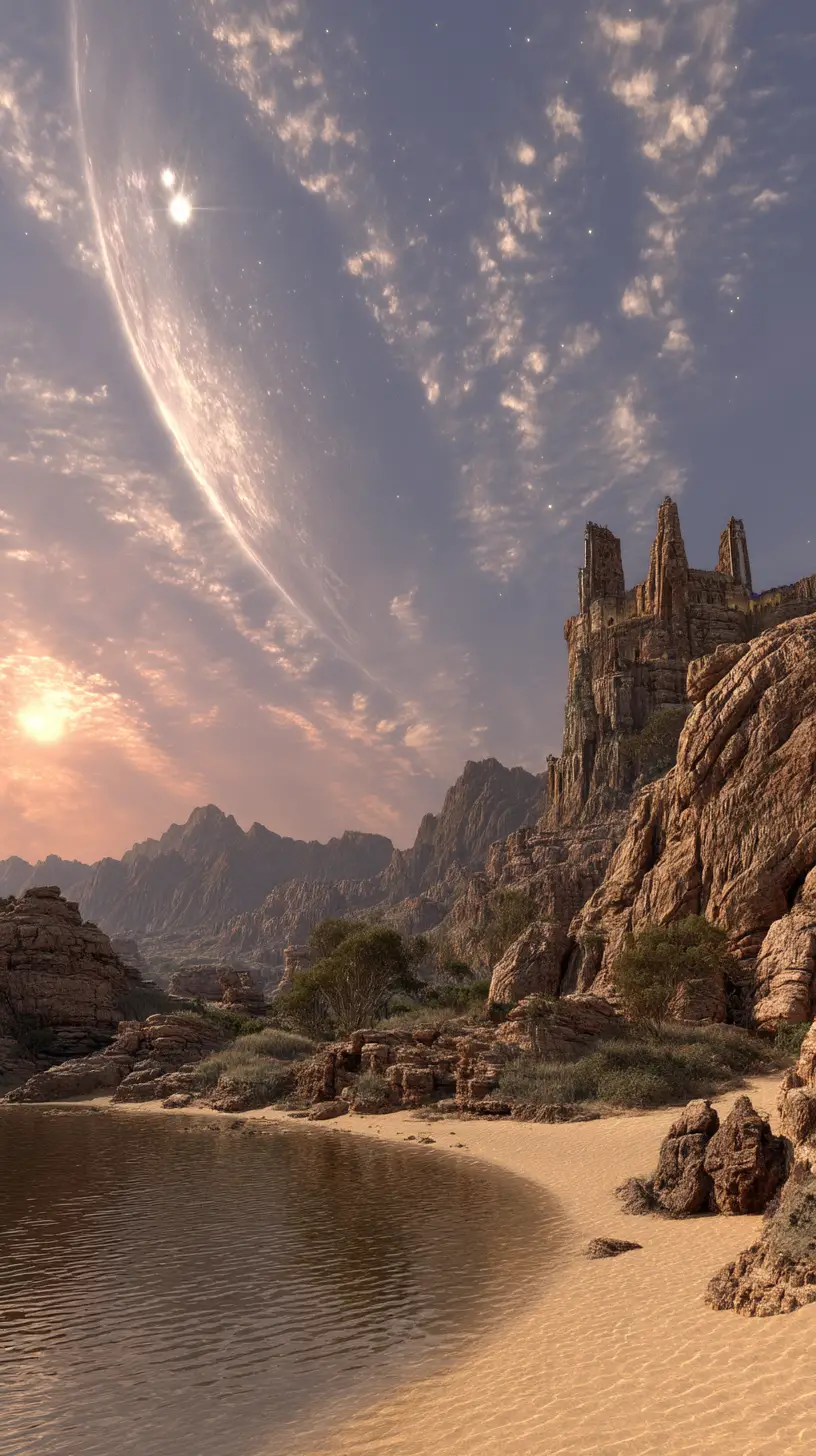 Surreal alien desert with colossal crystalline monument