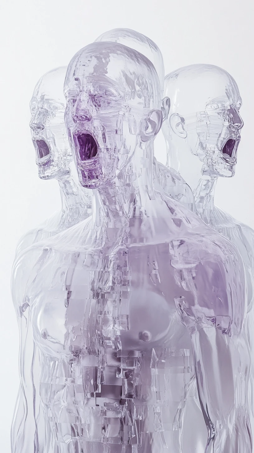 Figures humanoïdes translucides en formation de cathédrale surréaliste