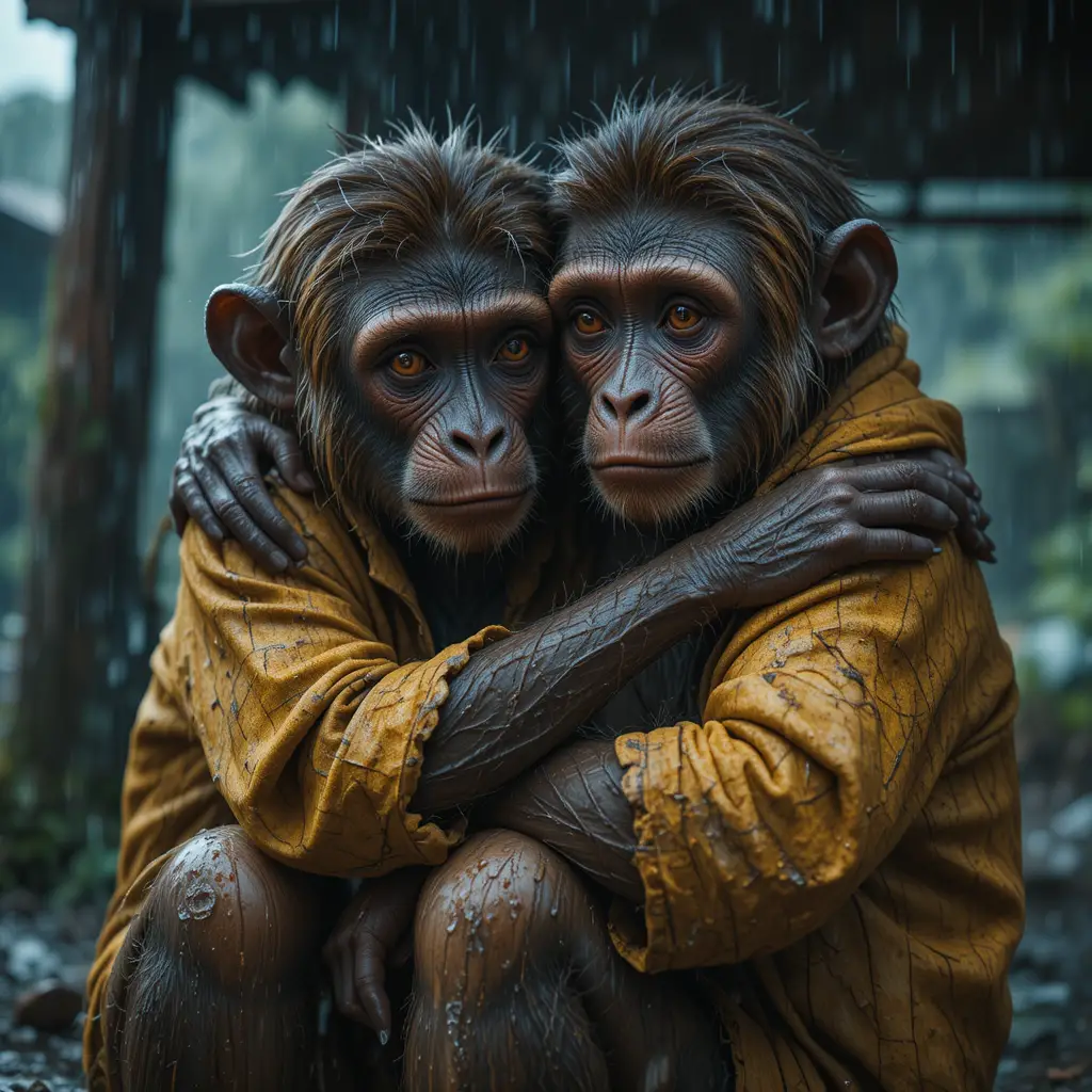 壊れた雨よけの下で抱き合う2匹のサル