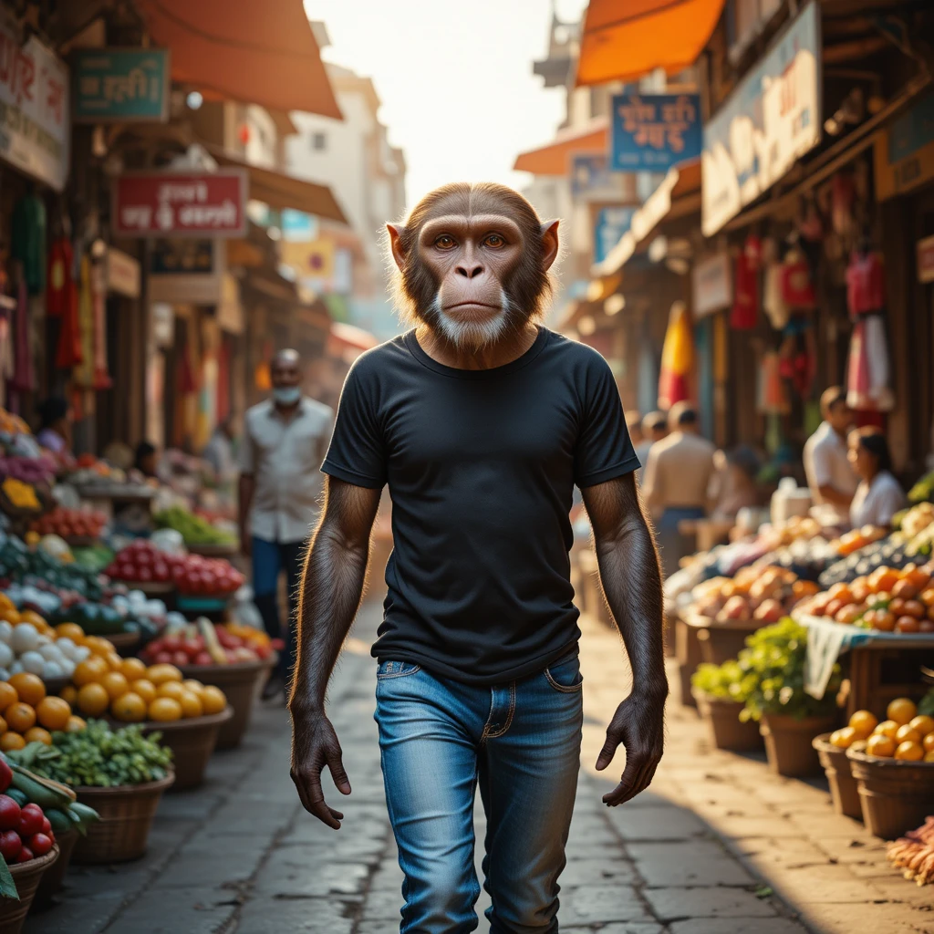 Anthropomorpher Affe, der durch einen belebten indischen Markt läuft