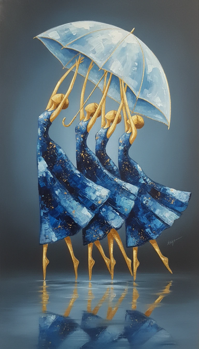 Figure astratte sotto un grande ombrello blu traslucido