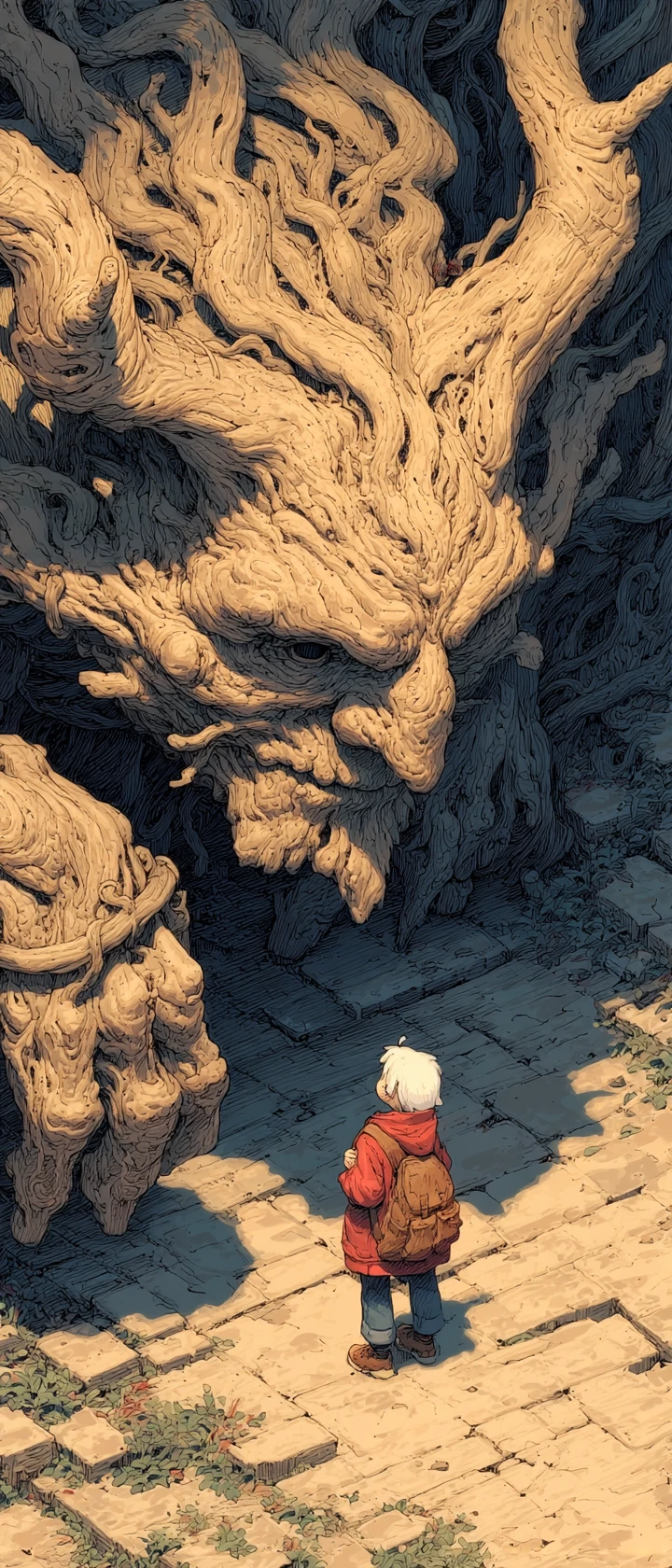 Gentil espírito da floresta acolhendo um minúsculo personagem de anime