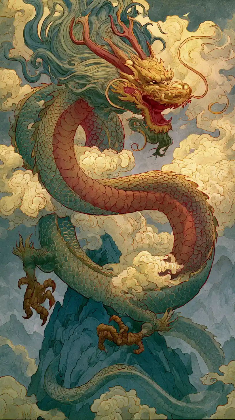 Ancient Chinese dragon circling a misty mountain peak