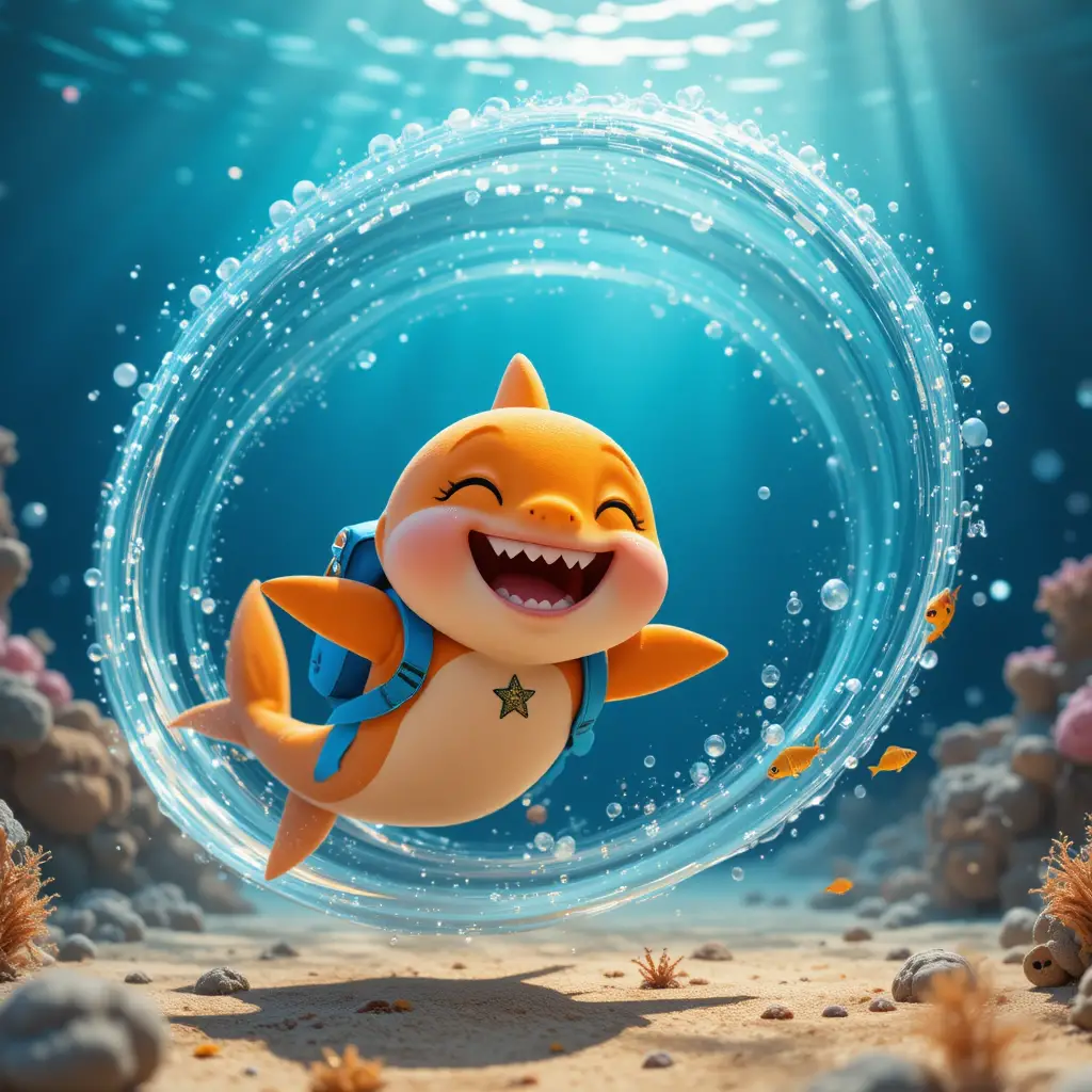 可愛的 3D 小鯊魚在水中開心旋轉