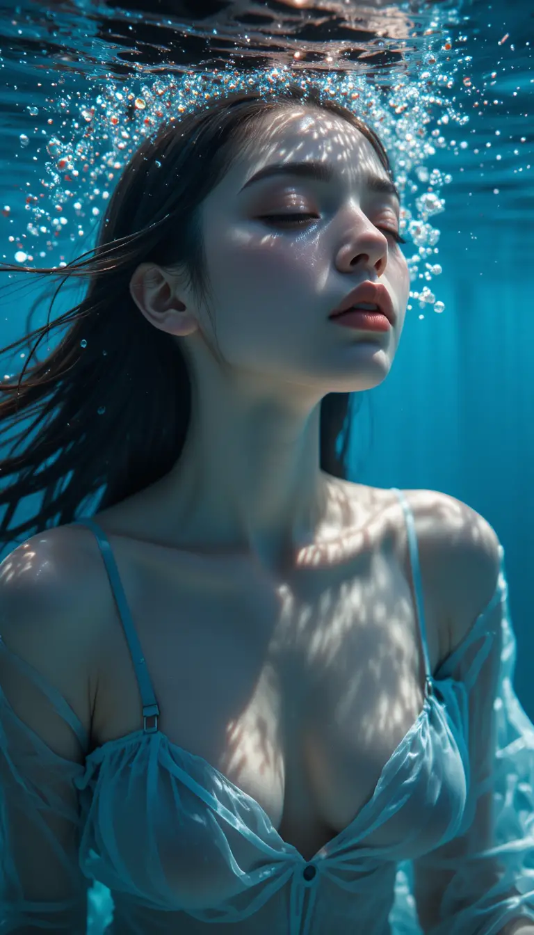 Stilles Unterwasserporträt einer Frau im sanften blauen Licht