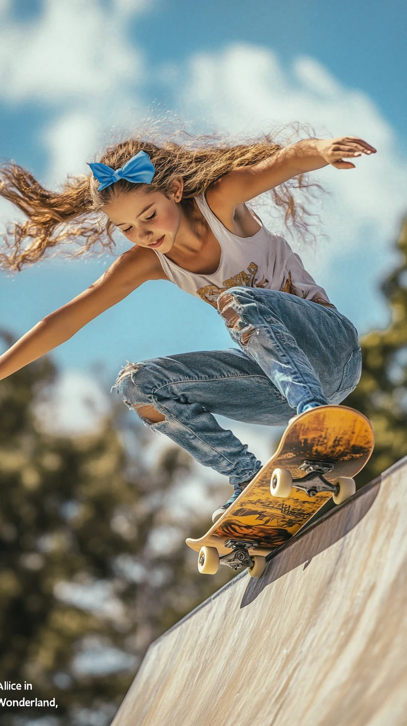 Chica adolescente volando en monopatín en un skatepark soleado