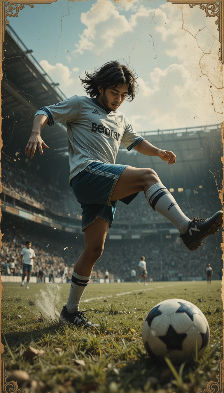 Jogador de futebol chutando a bola em ilustração de livro de histórias vintage
