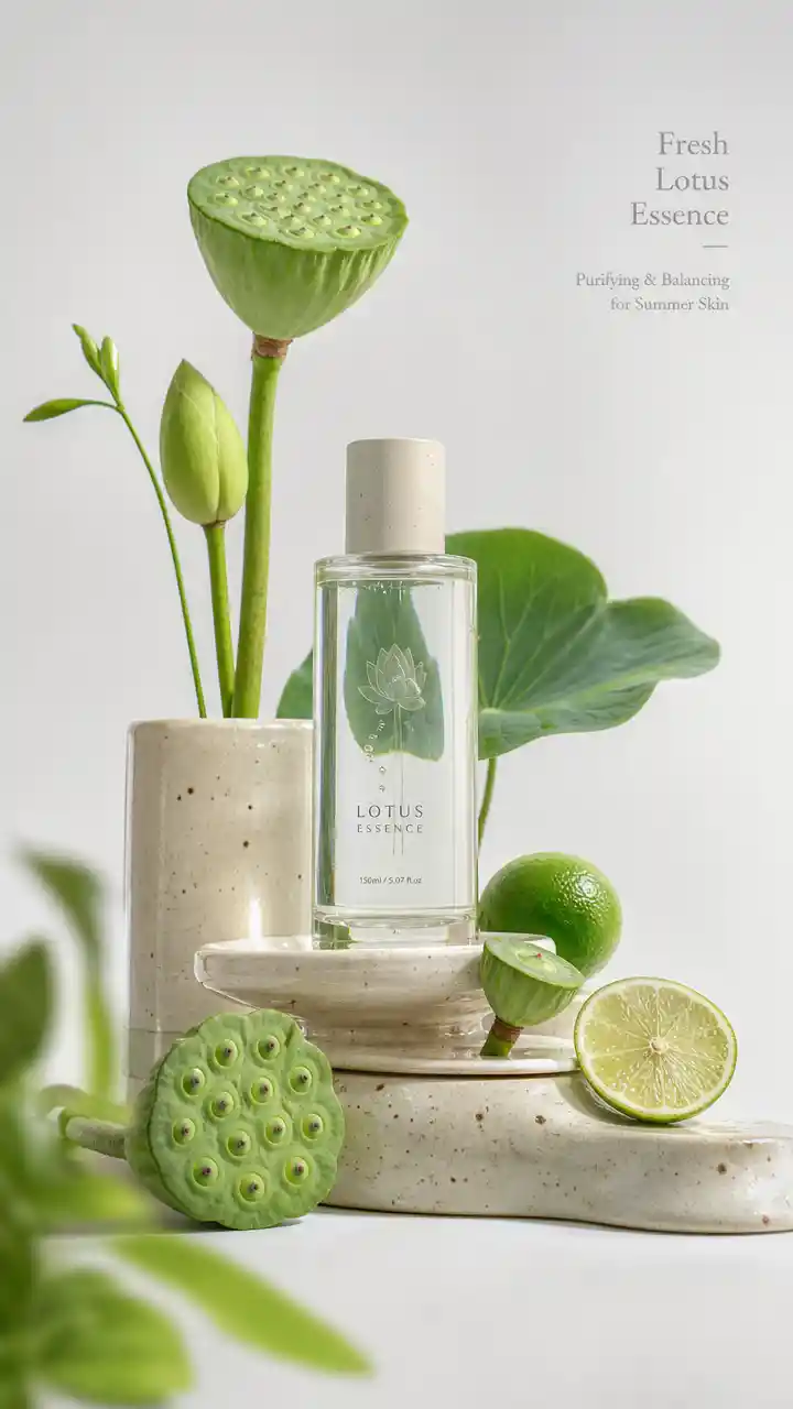 Minimalist glass essence bottle with lotus and lime arrangement