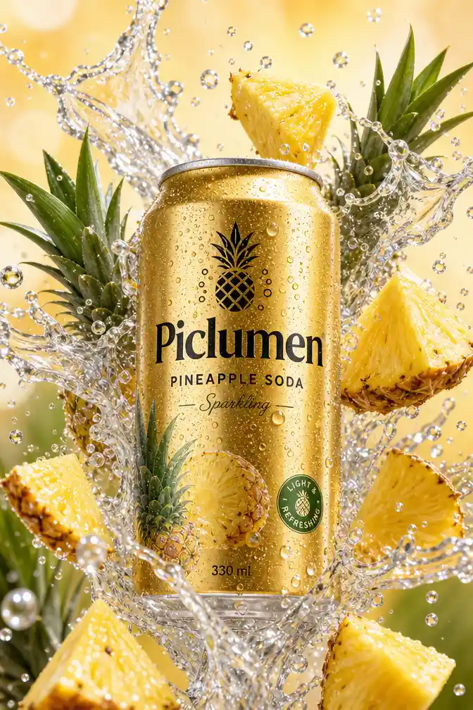 Light gold pineapple soda can with dynamic water splashes