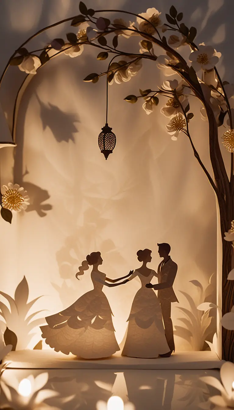 Silhouette de couple dansant en papier parmi fleurs et lanterne