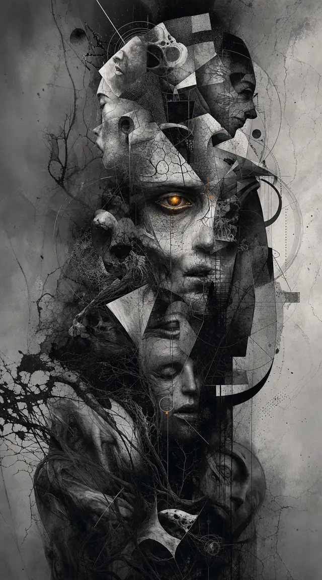 Surreal layered faces with a single glowing eye