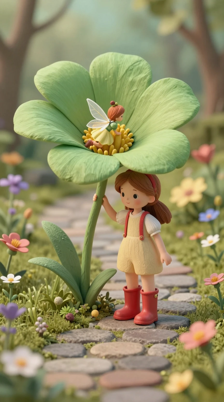 Menininha sob a flor em um jardim de fadas lúdico