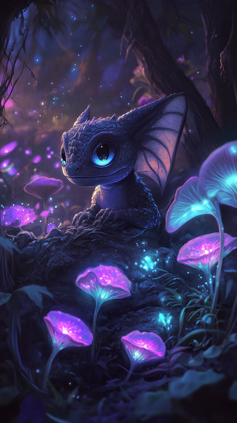Kleiner Drache, eingerollt zwischen leuchtenden biolumineszenten Blumen
