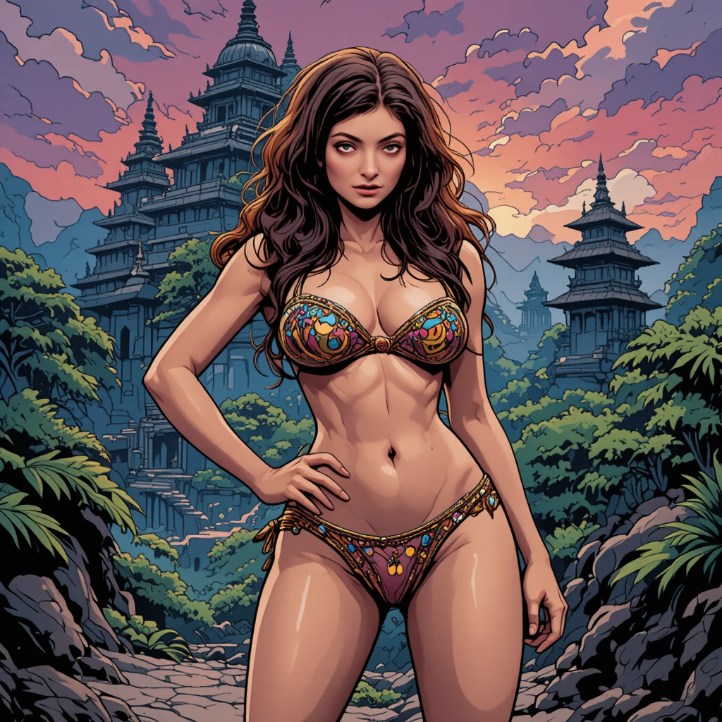Mujer amazona en micro bikini en antiguo templo maya