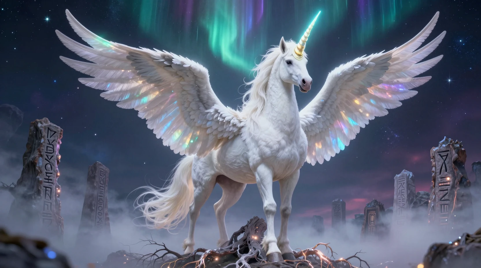Majestätisches geflügeltes Einhorn unter dem leuchtenden Weltenbaum