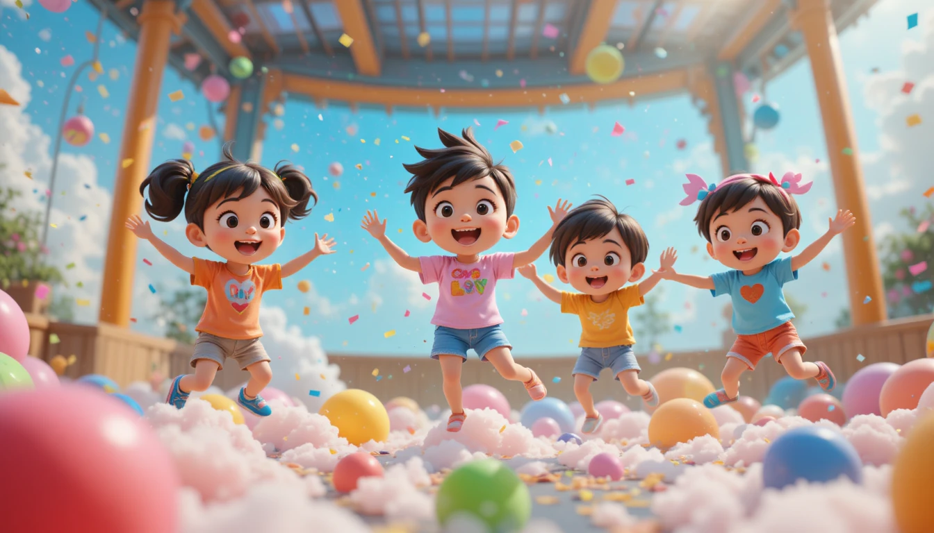 Crianças pulando em nuvens coloridas em uma cena 3D divertida
