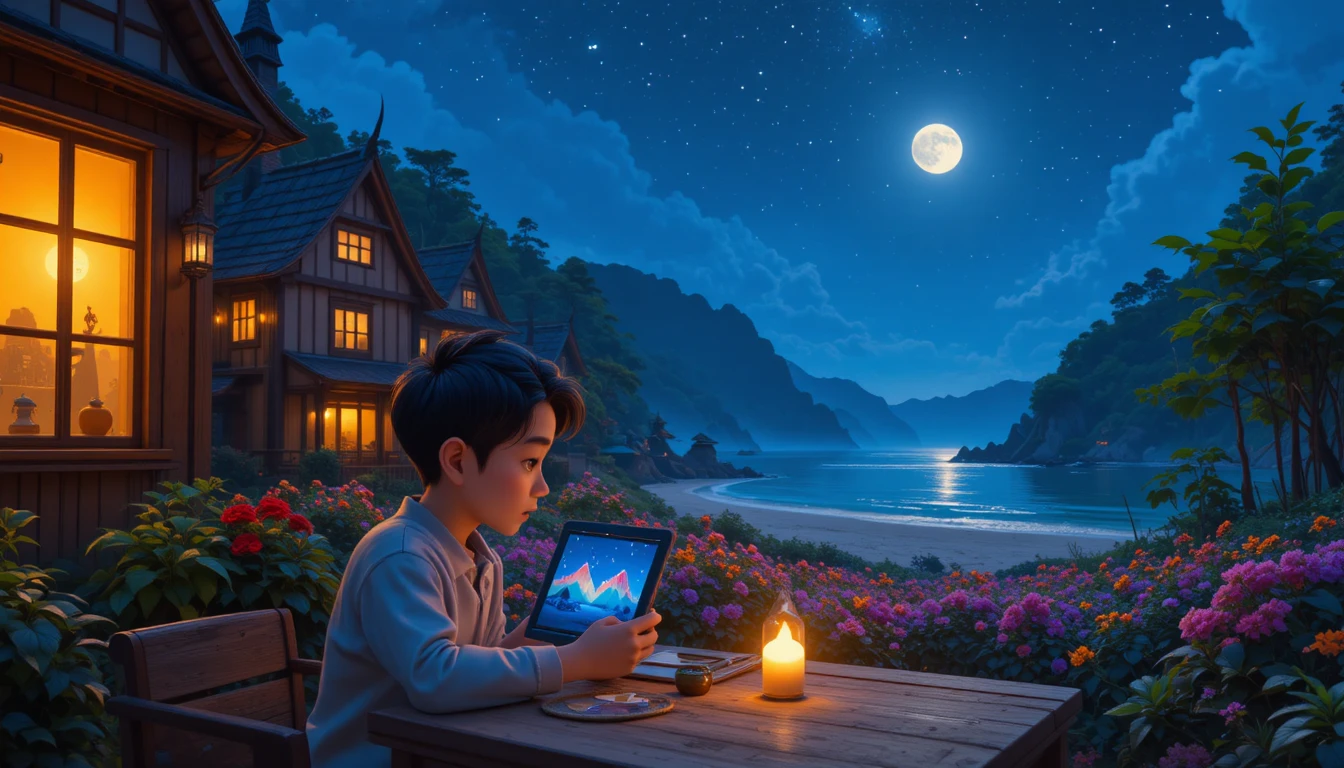 Enfant jouant à Roblox sur une tablette à une table douillette
