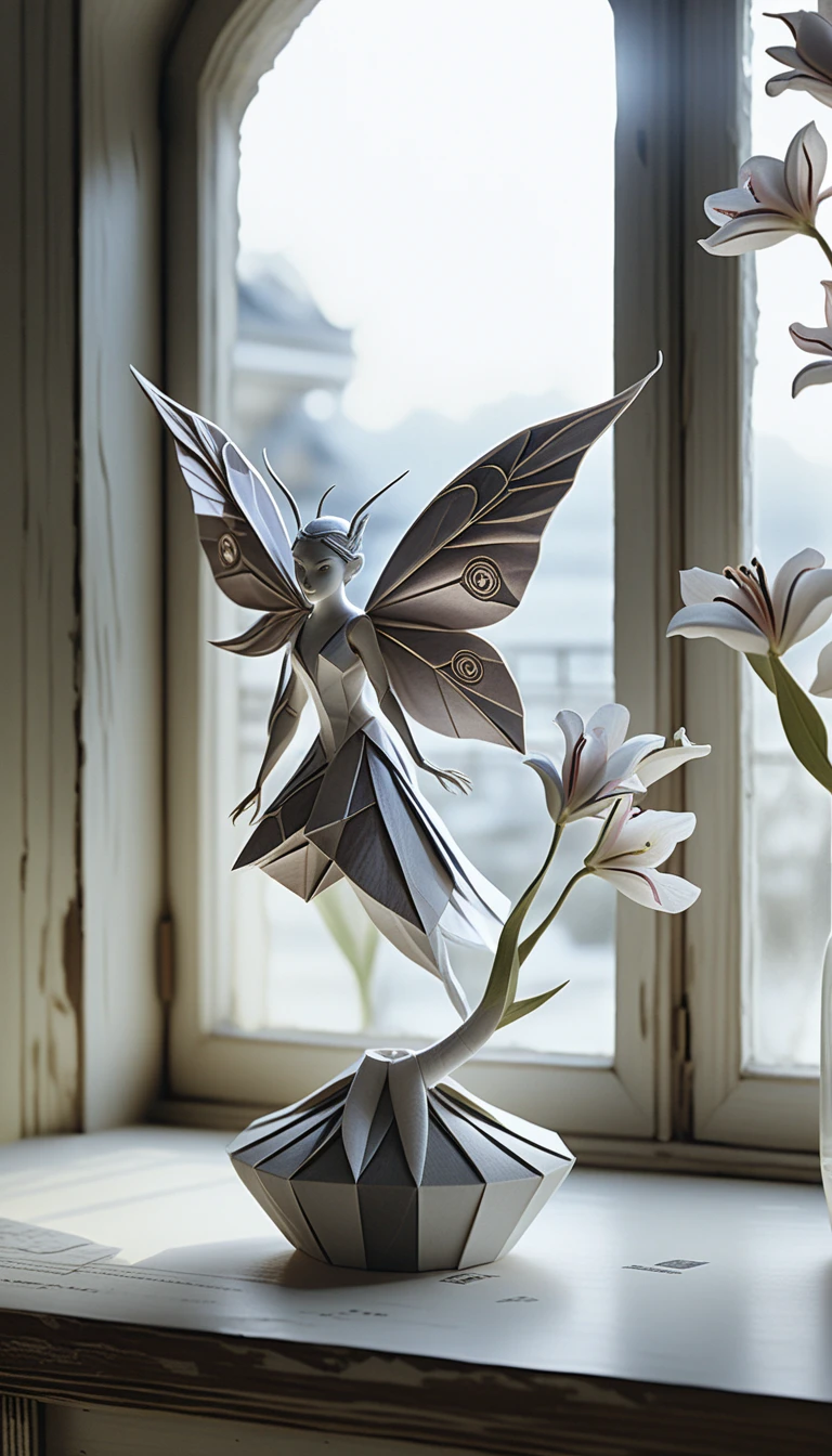 Escultura de fada em origami ao lado de uma janela bay à luz de velas
