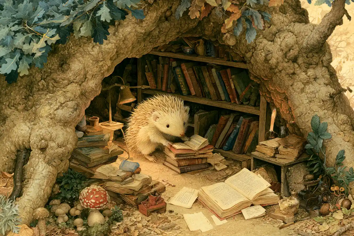 Tiny Hedgehog Librarian In A Cozy Tree Library