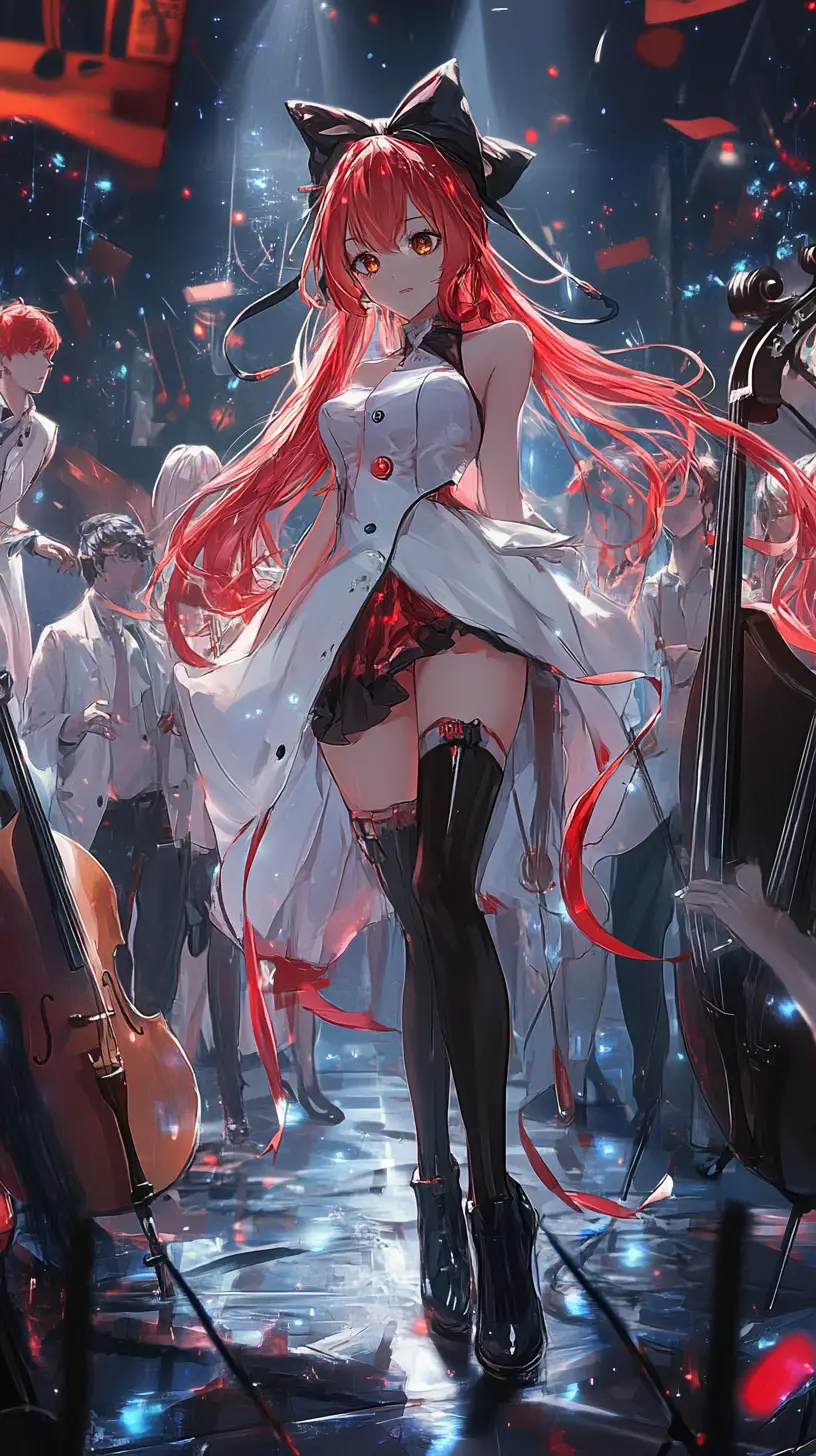 Anime girl dancing with smiling energy in dim room