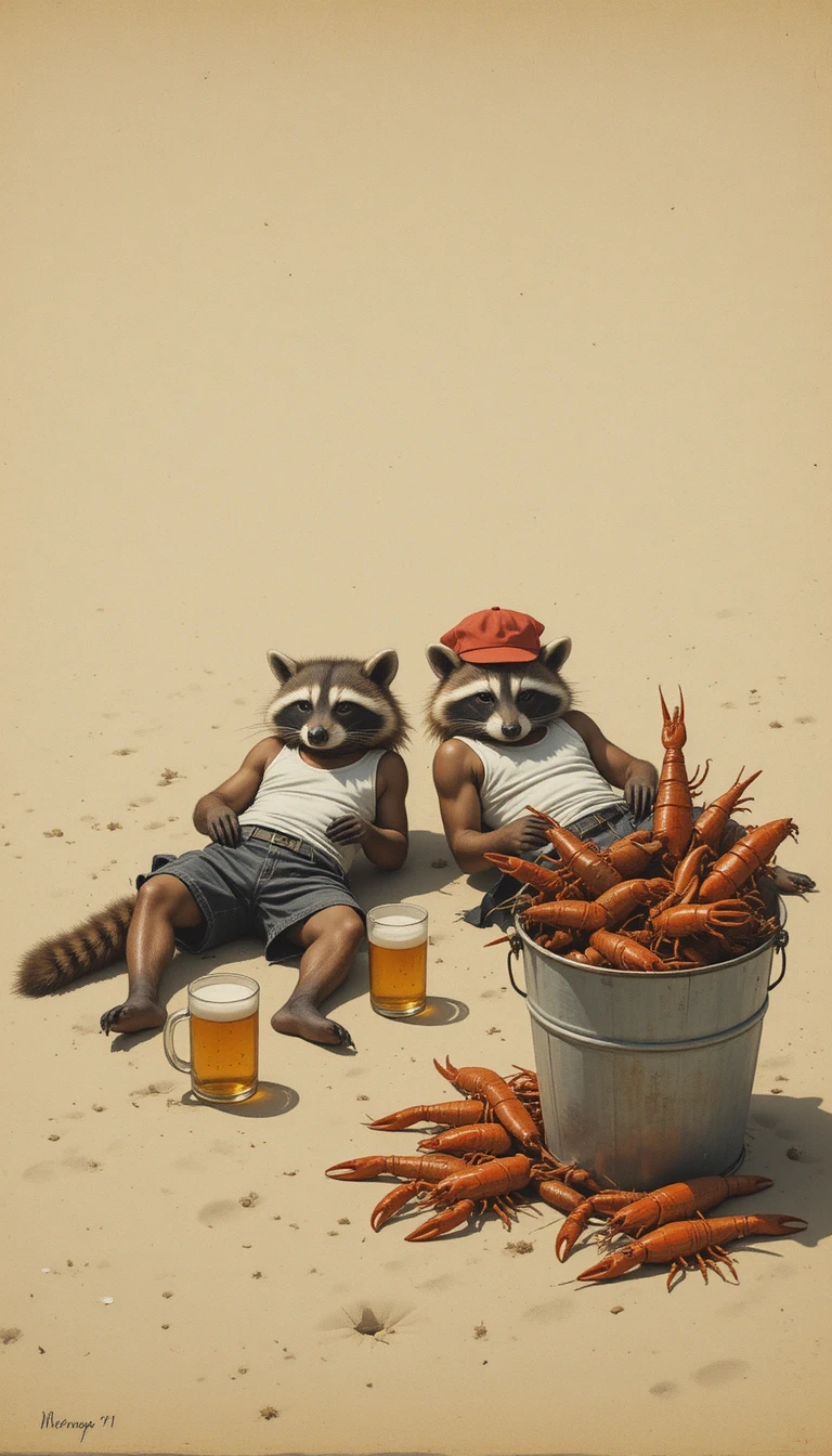 Due procioni che dormono su una spiaggia estiva in semplice line art