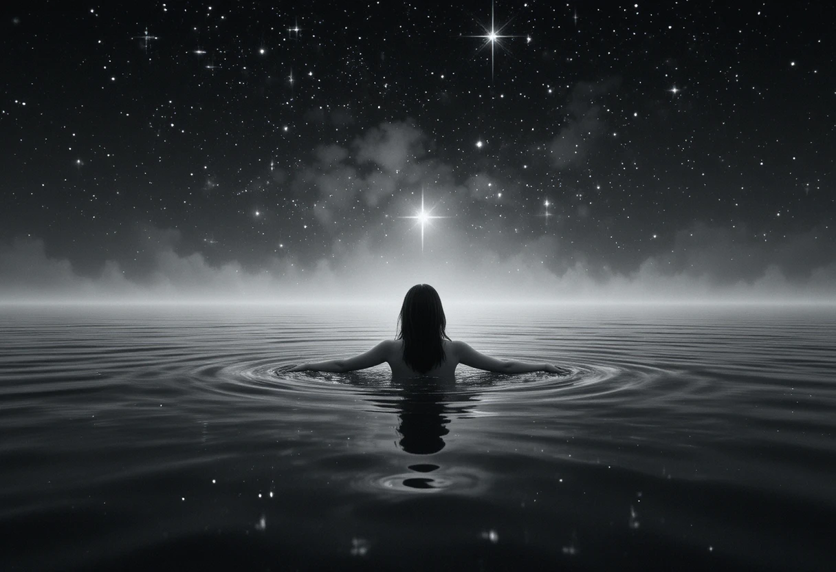 星明かりに照らされた湖面を滑る神秘的な女性