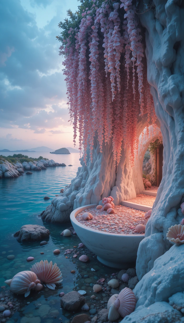 Paisagem marítima serena ao nascer do sol rosa‑claro com conchas