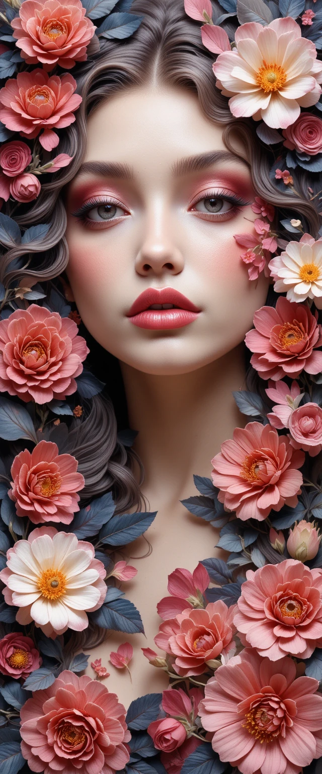 Portrait en pixel art floral d’un visage de femme sensuel