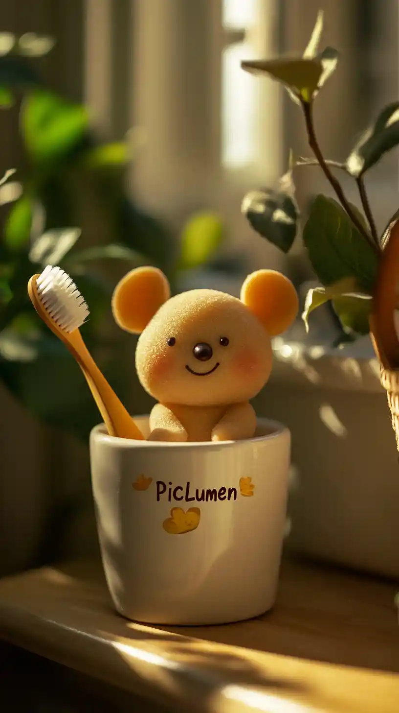 Cute mouse in tooth shaped toothbrush cup in bathroom