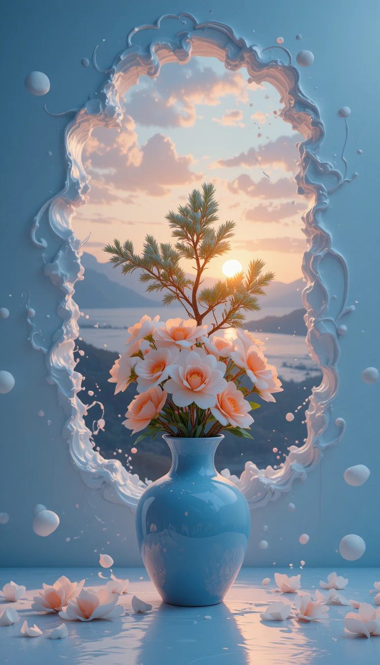 Vaso azul com flores emoldurando um pôr do sol surreal no oceano